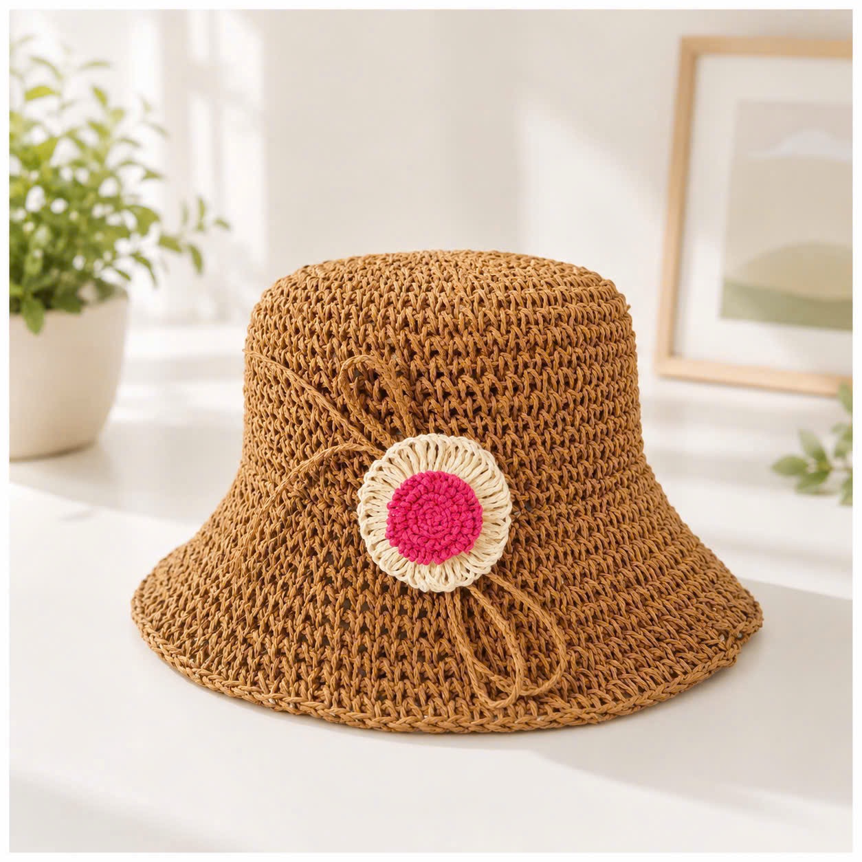 Mũ cói bucket đính hoa cói thủ công