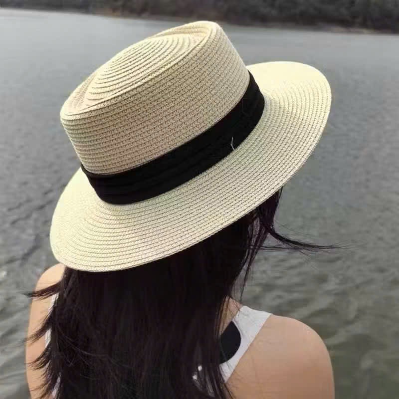 Mũ cói fedora phối dây đen